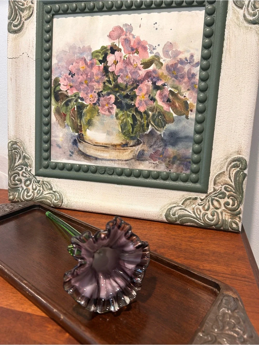 Handblown Glass Purple Flower Stem Decorative Accent